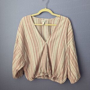 DASH Blouse Pink White Wrap Shirt Striped Small Wide Sleeve V Neck Lightweight